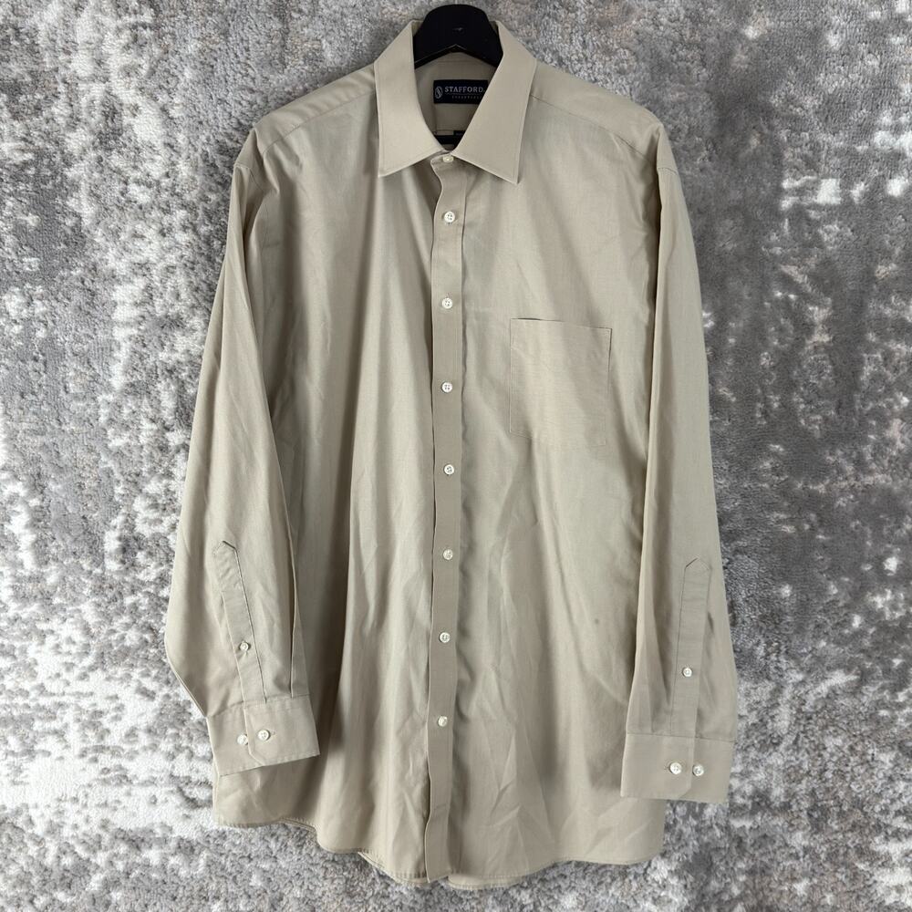 Stafford Size 17 34-35 Fitted Minimalist Button Shirt Career Beige Long Sleeve